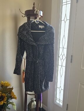 Calvin Klein Black & White Belted Long Sleeve Wool Blend Coat